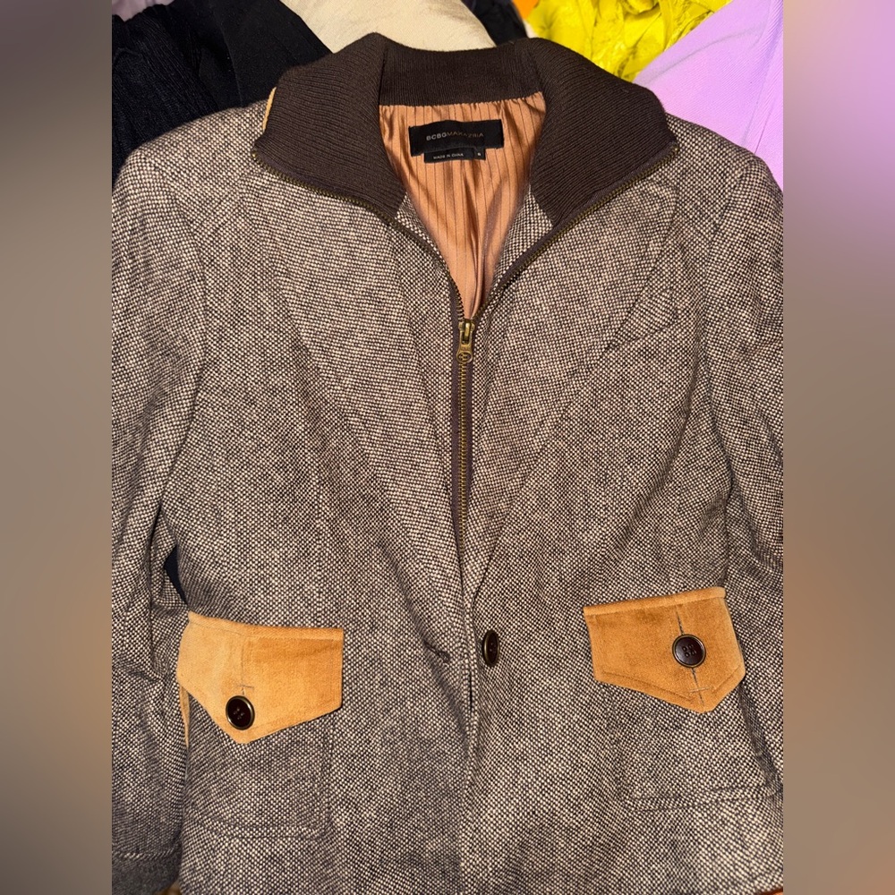 BCBGMaxAzria Brown Tweed Jacket with Tan Suede Accents